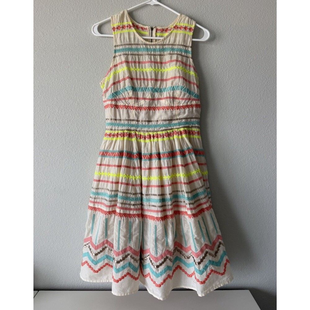 Plenty by Tracy Reese Sunglow Striped Embroidered Cotton Boho Dress Neon S/M